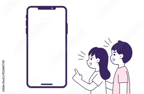 スマートフォンを笑顔で見る男女のペア
