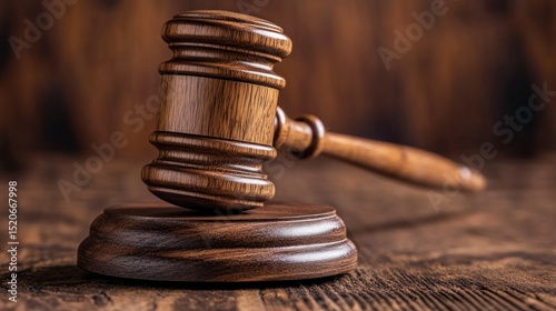 a striking wooden gavel poised on its sound block against a blurred wooden backdrop symbolizing justice, fairness, law, and decisive judgement reflecting legal processes and decision making