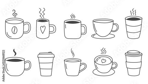 Set of ten various coffee cups and mugs, including to-go cups, steaming mugs, and cups with decorative elements like hearts and coffee beans, vector eps10 illustration
