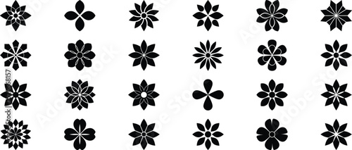 Flower vector icon set with symmetrical petal shapes for decorative design, tattoo art, digital print, and branding use
