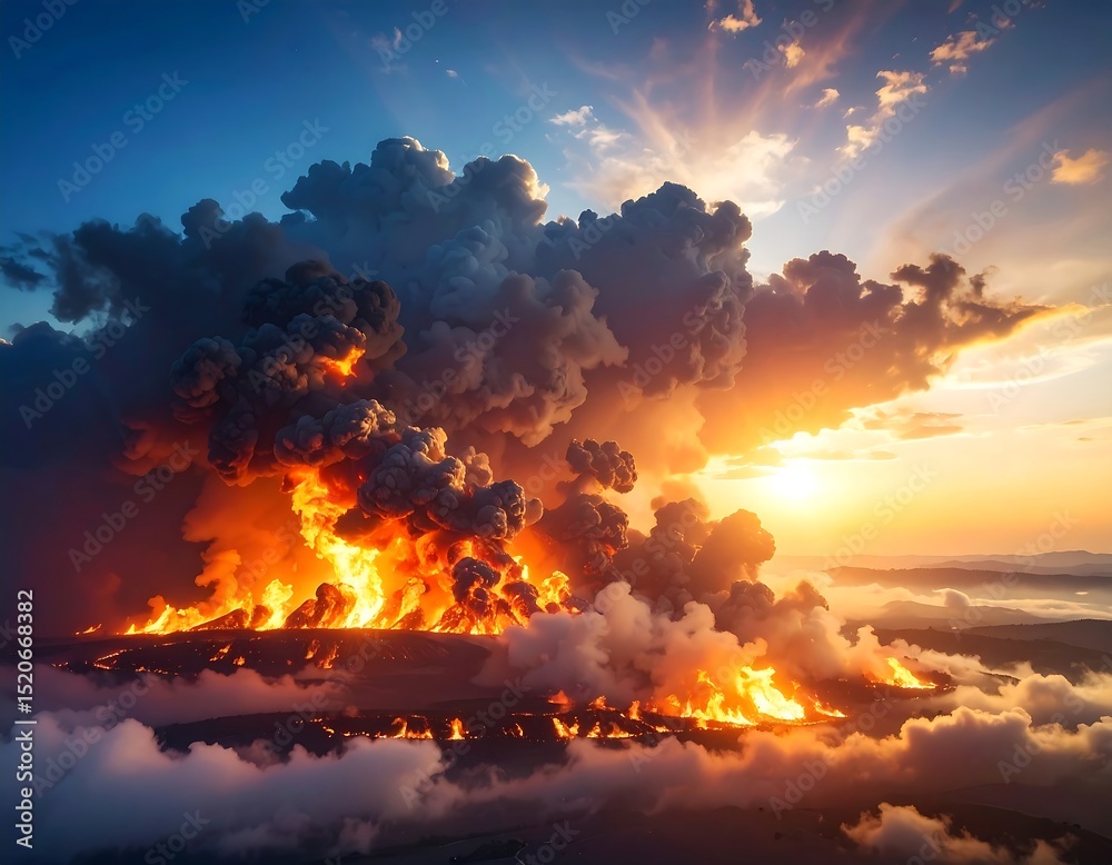 Naklejka premium Volcanic eruption at sunset