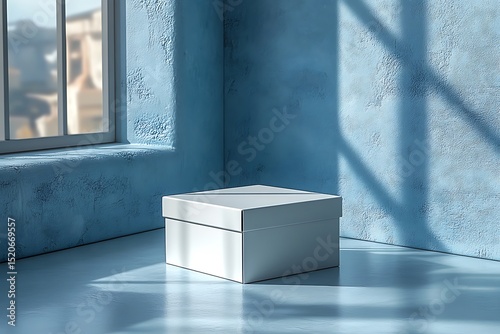 White box mockup on blue floor with sunlight and shadows

