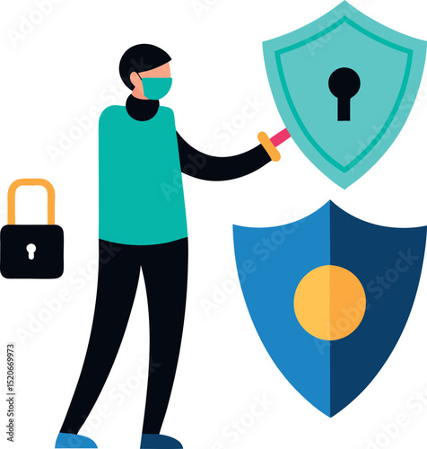 Person Holding a Shield With a Lock Symbol While Working