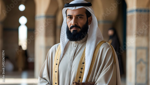 Emirs regal poise in sunlit mosque arcade photo