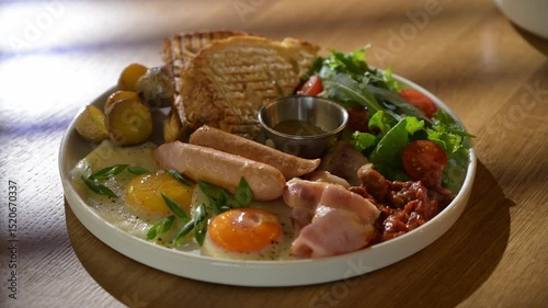 healthy breakfast bowl with meat, sausages, fresh organic vegetables lettuce, cherry tomatoes, cucumbers, corn. Served in cozy cafe with natural light, energizing summer morning atmosphere.