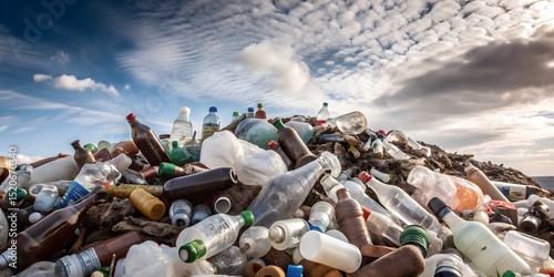 Used plastic and garbage piles with industrial waste visible in the sky highlighting severe environmental destruction urban neglect and the urgent call for sustainable waste management photo