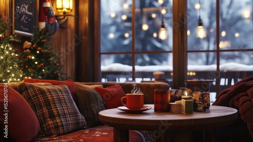 Cozy Christmas cafe with warm drinks and festive decor