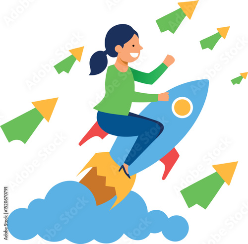 Girl on a Rocket Made of Cash Flying Upward