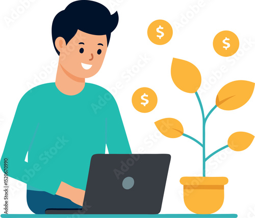 Man Planting Coins Into a Laptop With Money Trees Growing