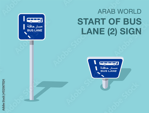Traffic regulation rules. Isolated Arab world "start of bus lane (2)" road sign. Front and top view. Flat vector illustration template.