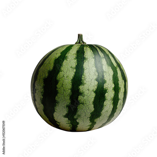 Whole watermelon with vibrant green rind and dark green stripes, isolated on transparency background, showcasing its freshness and natural texture