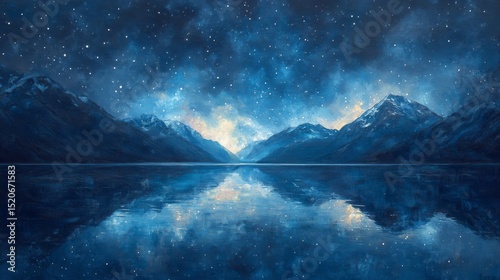 Serene Night Landscape: Dark Blue Lake Reflecting Starry Sky Over Mountains