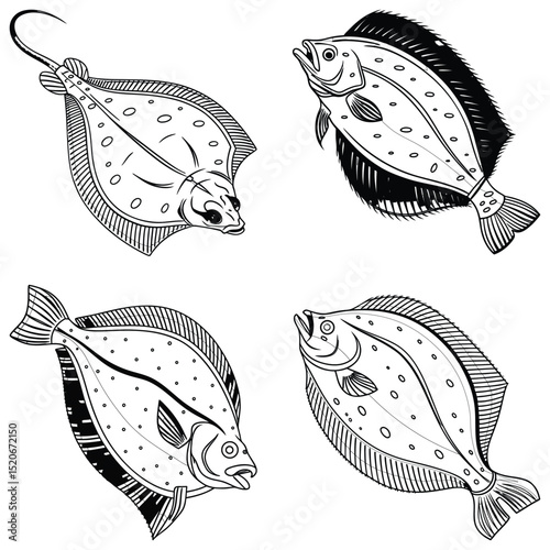 Flounder fish set line art and isolated on white background illustrator eps  10