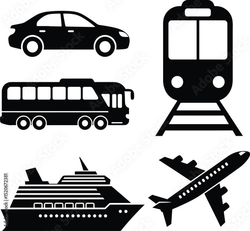 transportation icons car bus train cruise ship airplane black silhouette