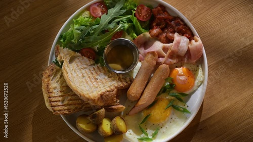 healthy breakfast bowl with meat, sausages, fresh organic vegetables lettuce, cherry tomatoes, cucumbers, corn. Served in cozy cafe with natural light, energizing summer morning atmosphere.
