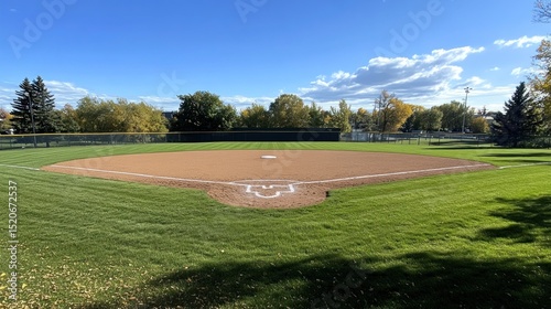 Baseball diamond under a clear sky.  Well-maintained field