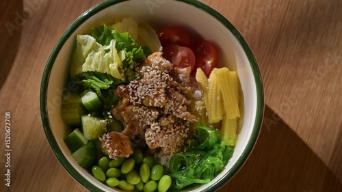 healthy breakfast bowl with meat, sausages, fresh organic vegetables lettuce, cherry tomatoes, cucumbers, corn. Served in cozy cafe with natural light, energizing summer morning atmosphere.