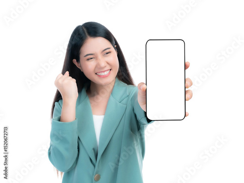 Asian woman smiling celebrating success while showing blank screen smartphone in hand, mobile application promotion, technology advertising, digital marketing , isolated on a transparent background