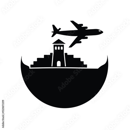 Airplane near island airport vector silhouette  