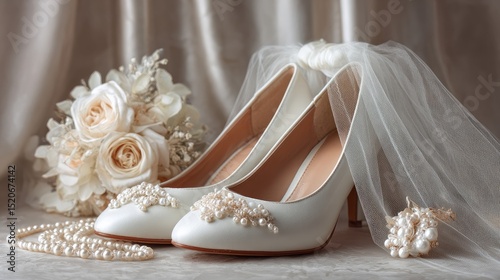 Elegant bridal accessories with pearl shoes and veil, timeless romance and delicate beauty