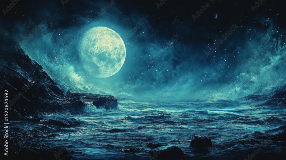 Fototapeta premium Dark Blue Night Ocean Scene with Full Moon and Stars