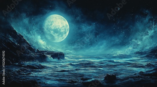 Dark Blue Night Ocean Scene with Full Moon and Stars