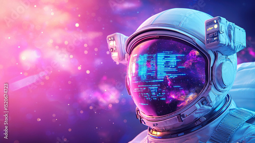 Closeup of astronaut helmet visor reflecting vibrant cosmic scene with digital data overlay, set against colorful nebula background