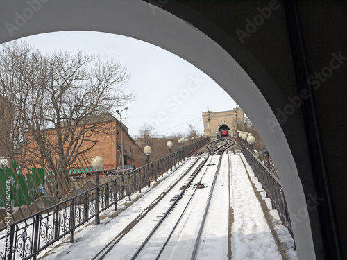 Looking up to Funicular track with carriage on the upper station