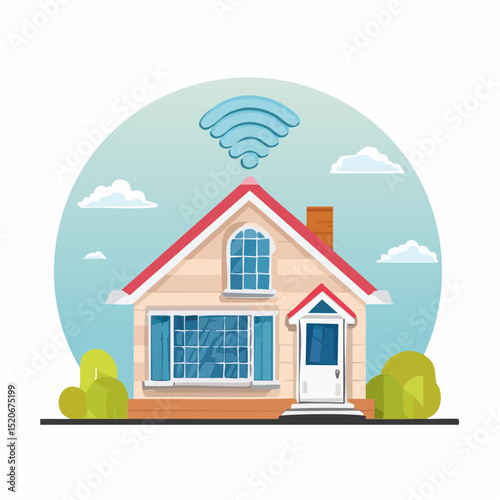 A colorful vector illustration of a house with a wifi signal above it, representing home internet access and smart home technology