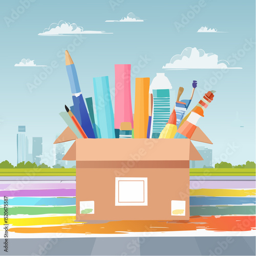An illustrated open cardboard box overflowing with a collection of colorful art supplies against a backdrop of a cityscape and a blue sky with white clouds.