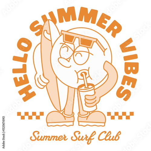 Hello Summer Vibes Cartoon Design, Summer Surf Club T-Shirt Print, Funny Surfer Character Illustration, Chill Beach Juice Graphic Art