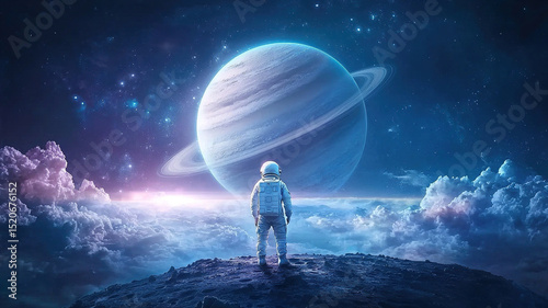 Lone astronaut stands on distant planet, gazing at massive ringed planet in starry sky, surrounded by clouds and cosmic beauty