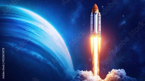 Rocket launches into starry sky, leaving trail of fiery exhaust against backdrop of distant planet. scene captures excitement and wonder of space exploration