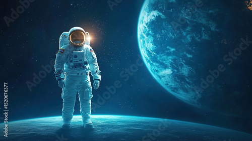 Lone astronaut stands on distant planet, gazing at vastness of space with Earth visible in background, evoking sense of wonder and exploration