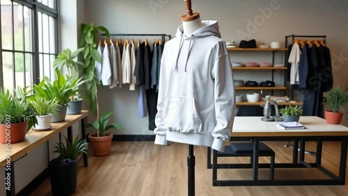 A bright and modern space atelier shop with natural light streaming through large windows. A mannequin stands in a clothing store wearing,mens white hoodie