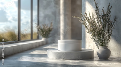 Minimalist mockup with pedestal container and dried flower vase

 photo