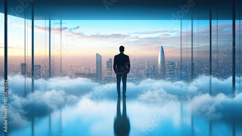 Man stands in modern office with floor to ceiling windows, overlooking city skyline above clouds, evoking sense of ambition and limitless possibilities
