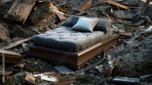 A bed in the middle of debris, symbolizing rest amid turmoil.