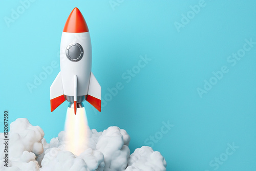 Cartoon rocket with red and white colors launches into clear blue sky, leaving trail of smoke, symbolizing ambition and exploration