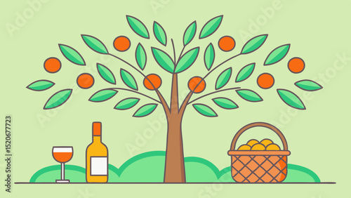 Orange tree wine picnic illustration