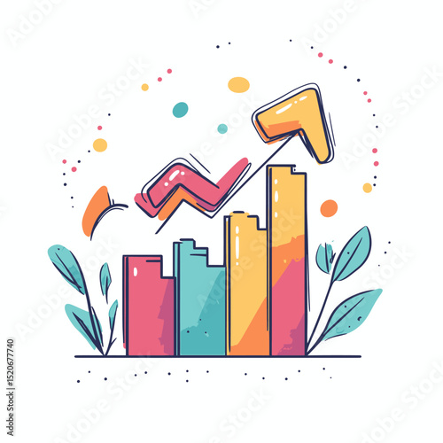 Hand drawn colorful bar chart with upward trending arrow and decorative leaves growth analytics financial success concept vector illustration in flat minimalist style