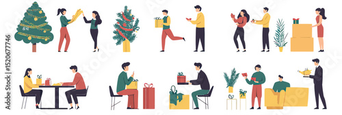 Business people celebrating Christmas and New Year with decorating trees, gifting, and packaging presents in office holiday party flat vector illustration set