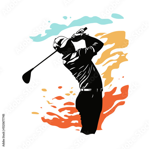 Silhouette of golfer swinging golf club with colorful abstract splash background in minimalist vector style for sports and leisure concept illustration