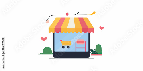 mobile phone screen showing online shopping store with shopping cart and storefront awning flat vector illustration