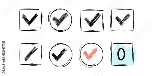 Hand drawn check marks and cross marks in rough sketch style with square and circular frames isolated on white background for voting and selection concept vector illustration