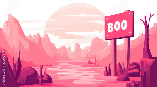 Desolate pink desert landscape with rocky mountains river dry trees and spooky boo sign wilderness flat minimalist vector illustration