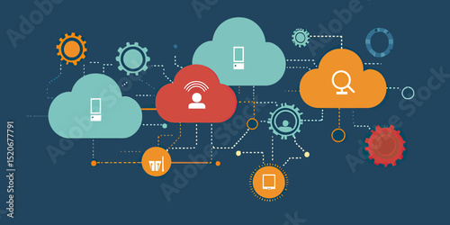 Cloud computing network technology concept with interconnected colorful cloud icons, mobile devices, gears, and data flow in flat vector style illustration for digital communication