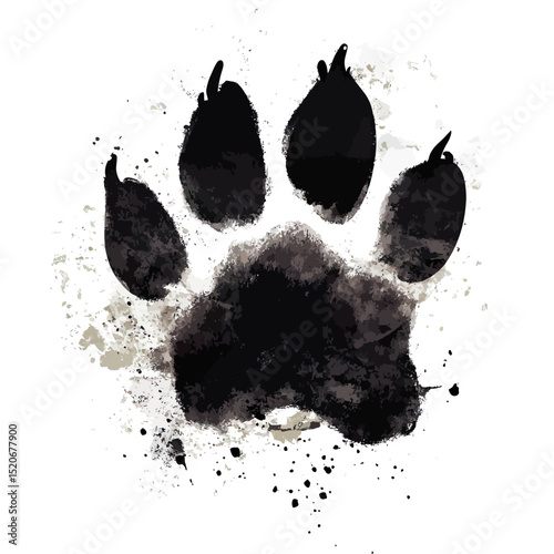 Black paw print with watercolor splatter effect artistic design representing animal footprint in minimalist style vector