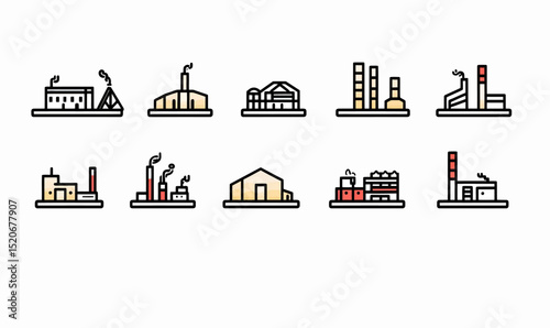 Set of ten flat factory icons with industrial buildings, manufacturing plants, chimneys with smoke, warehouses and production facilities vector symbols