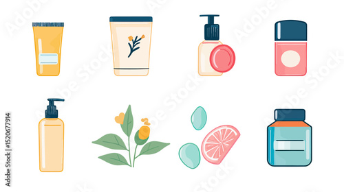 Set of colorful vector skincare product icons including tubes, pump bottles, cream jars, facial soap, botanical leaves, and grapefruit slice for beauty and wellness branding